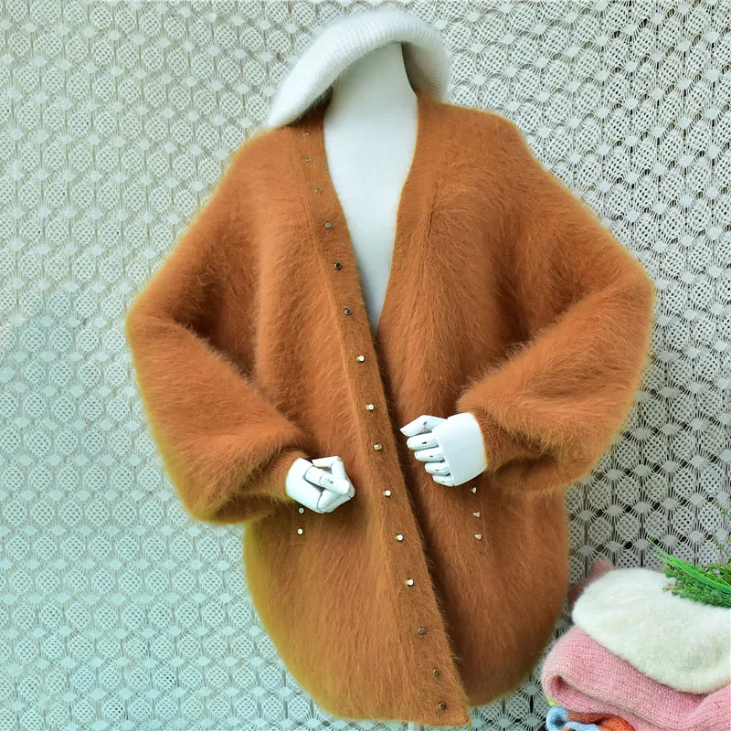 Women Fashion Beading Thick Warm Hairy Angora Rabbit Hair Long Lantern Sleeves Loose Cardigans Mantle Sweater Coat Pull Tops