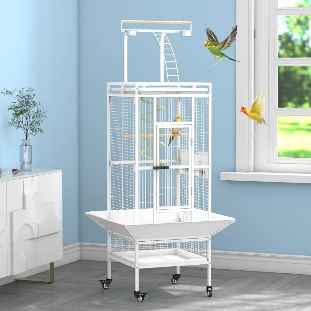 

61 Inch Large Bird Cage with Rolling Stand, Heavy-Duty Wrought Iron Birdcage with Ladder, Playtop Parrot Cage for Parrots, Cocka