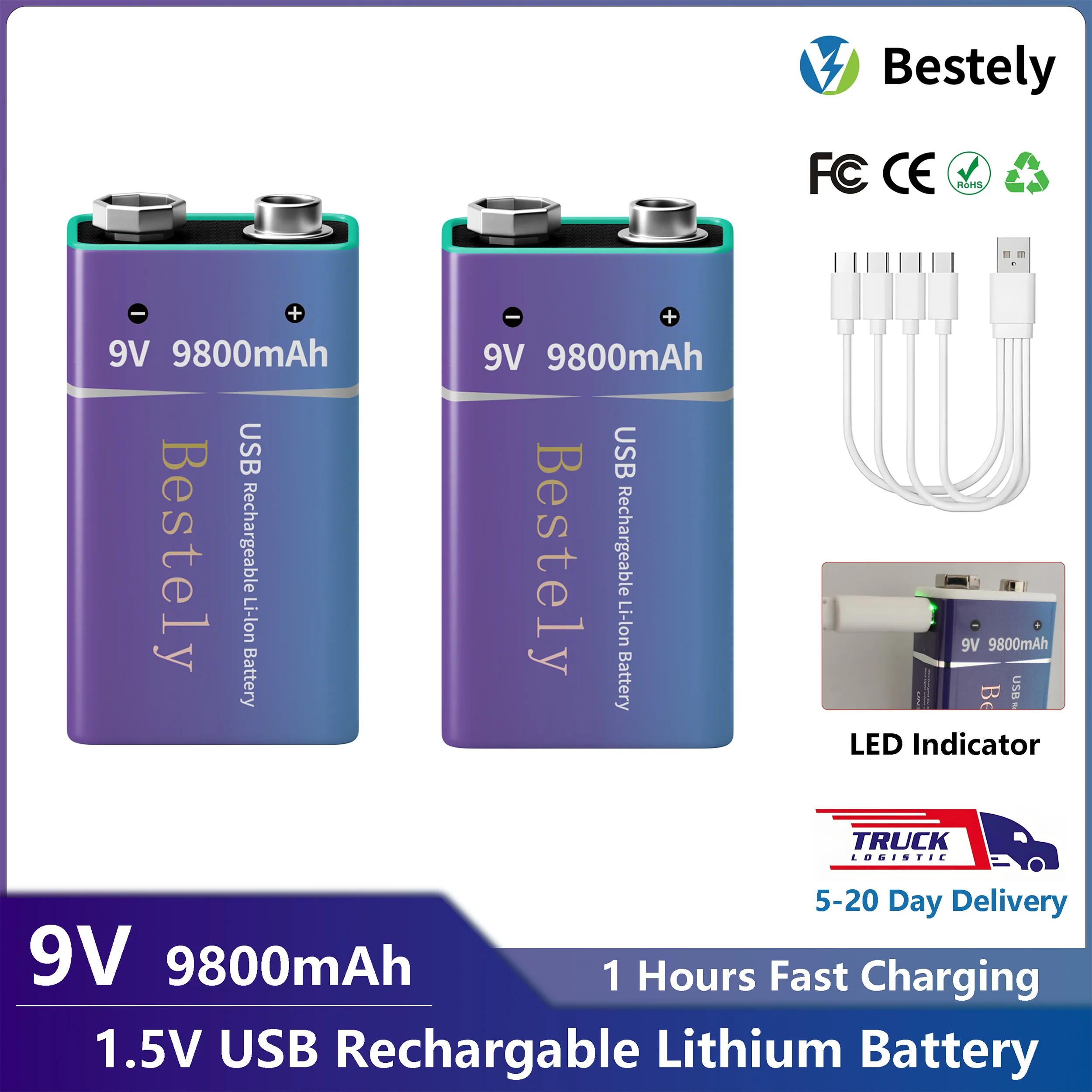 Rechargeable  Battery 9V USB-C Charging Lithium Replace 6F22/6LR61 Long lasting for Multimeter/Microphone Smoke Detector