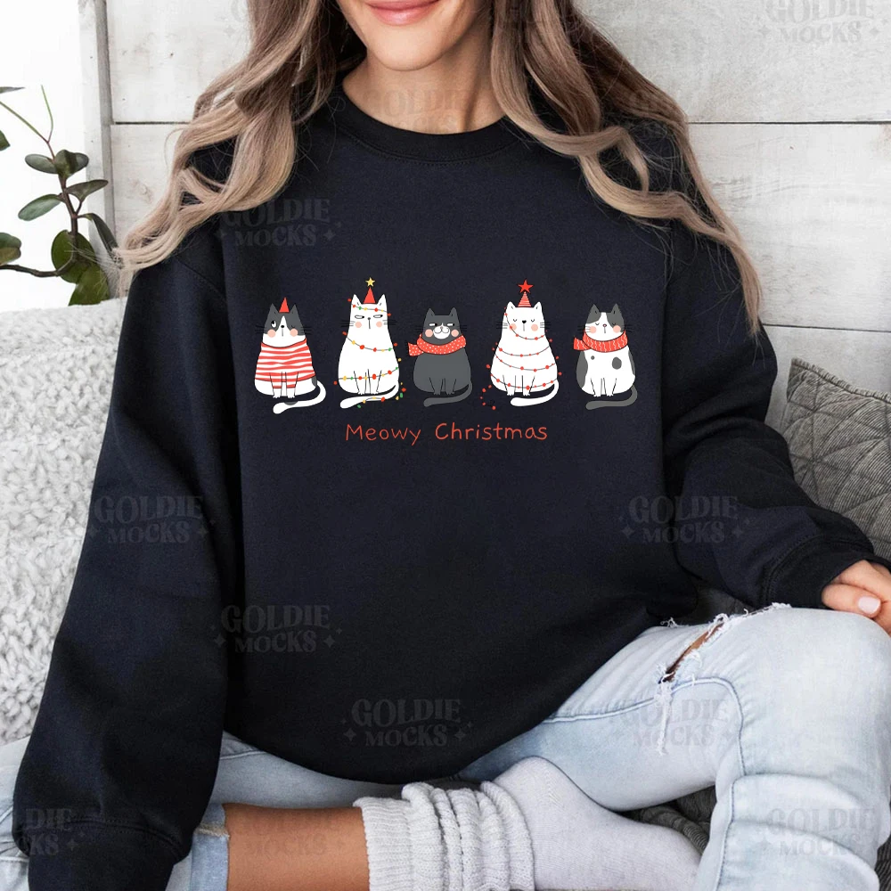 Meowy Christmas Sweatshirt's Happy Cat Year Womens Clothing Funny Christmas Cat Women's Clothing Cats Lover Women's Sweatshirt's