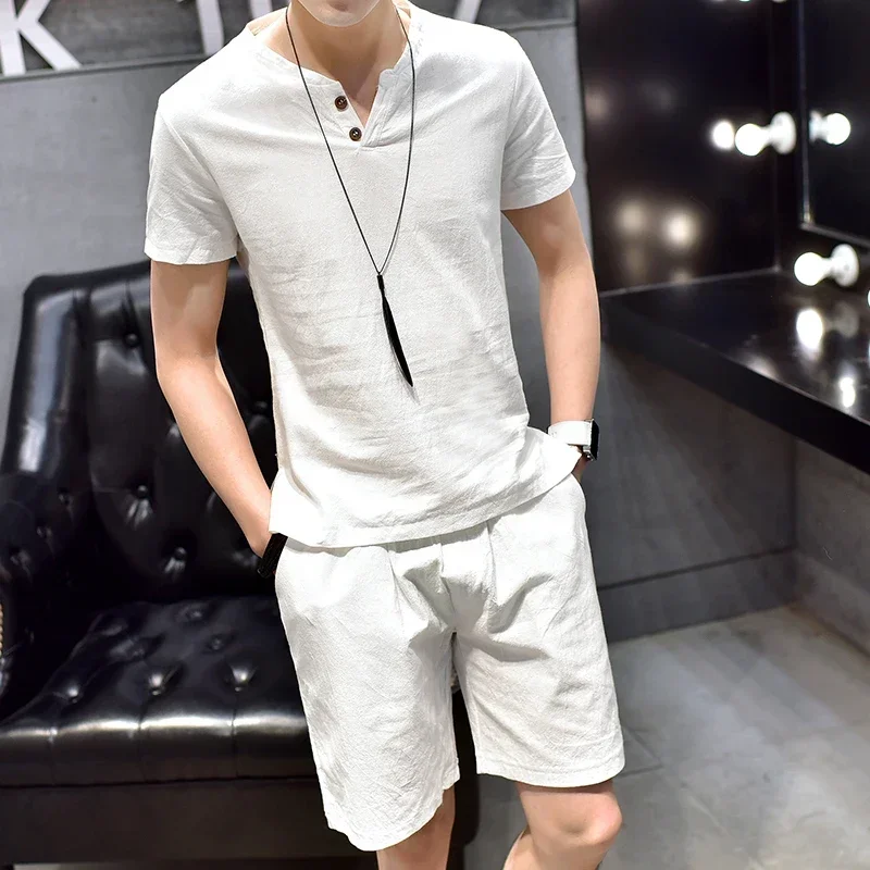 

Summer Linen Short Sleeved Comfortable T-shirt for Men's Solid Color V-neck Chinese Style Fashion Casual Set