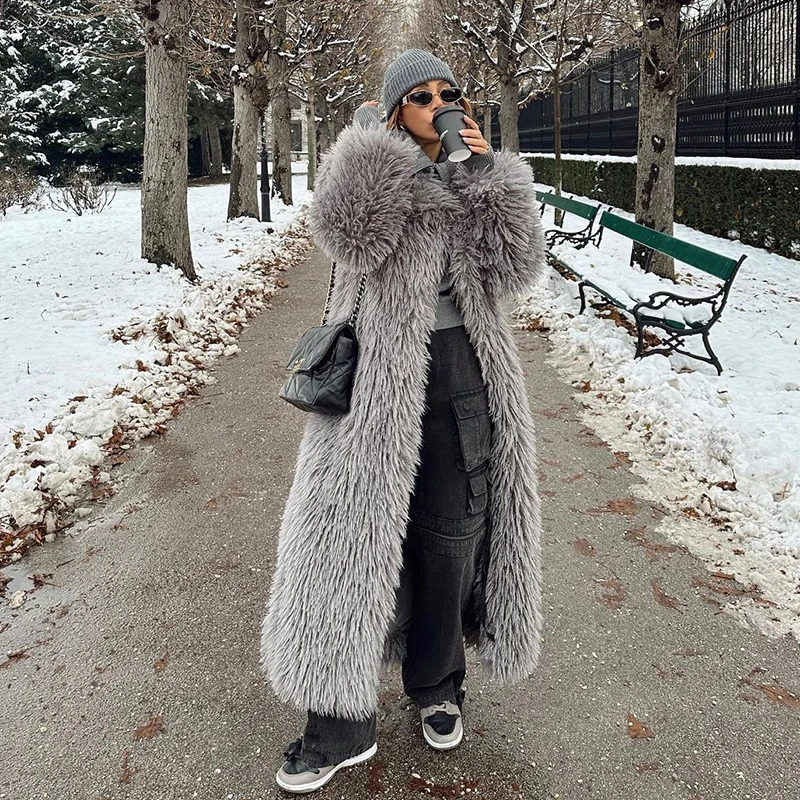 Neo Mint Extra Long Luxury Lamb Fur Teddy Coat Women 2024 Winter Ladies Mob Wife Style Oversized Chunky Faux Fur Jacket Overcoat