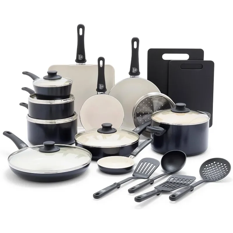 Soft Grip Healthy Ceramic Nonstick 23 Piece Kitchen Cookware Pots and Frying Sauce Saute Pans Set with Kitchen Utensils