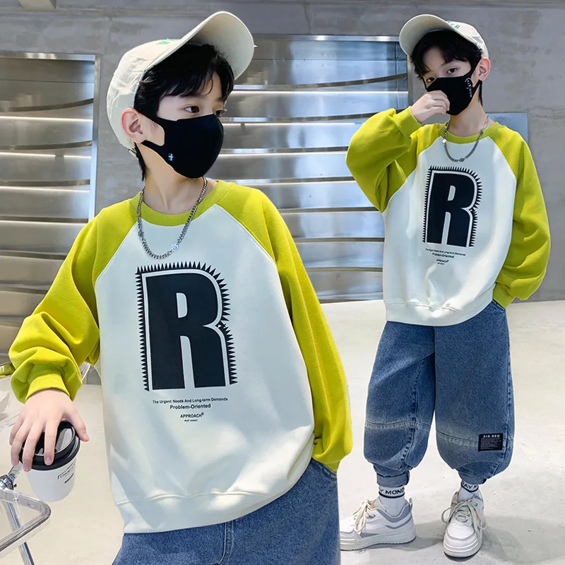 

Spring Autumn Boys Cotton Loose Contrast Alphabet Basic Sweatshirt School Kids Track Pullover Tops Child Workout Jumper 5-16Yrs