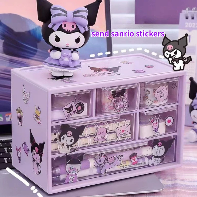 miniso sanrio organizador de mesa com adesivos kawaii caixa de armazenamento com gavetas hello kitty cinnamoroll minha melodia decoracao do quarto bonito 01