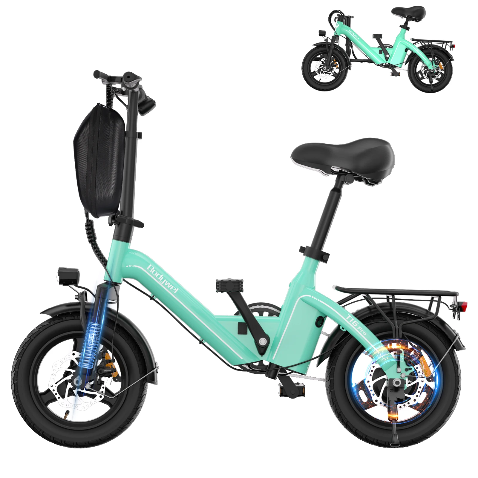 

Электровелосипед Bodywel T16Pro 14 дюймов, складной, с батареей 36В 10.4Ач, сертифицированный UL, городской электровелосипед для взрослых, мини-электровелосипед
