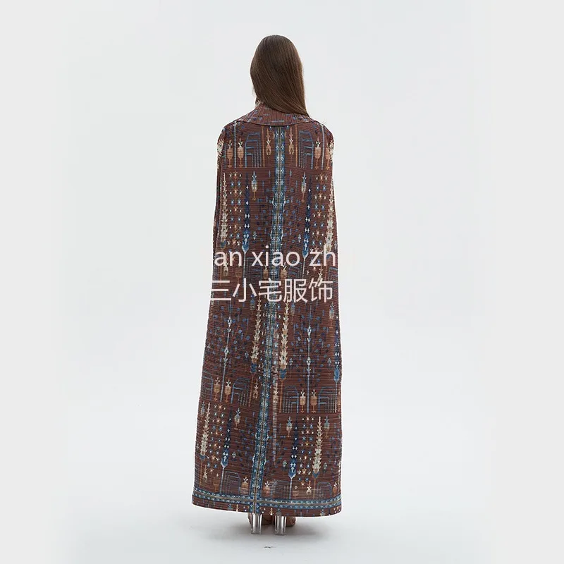 Miyake Fold 2024 Summer New Women's Cardigan Long Coat Dress Fashion Retro Print Saudi Women's Robe Windbreaker