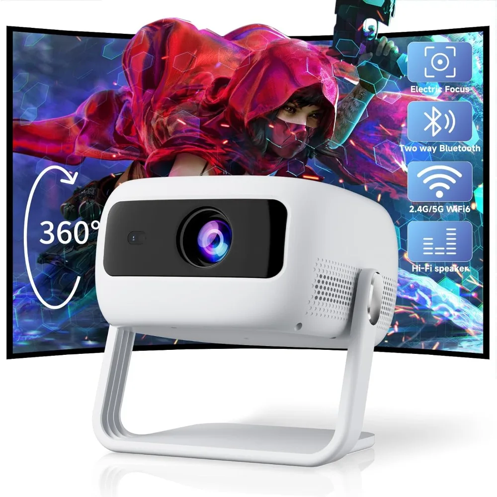 [360 ° Suporte Ajustável] Mini Projetor com WiFi e Bluetooth: Foco Elétrico e Auto Keystone 1080p Suportado, 15000L