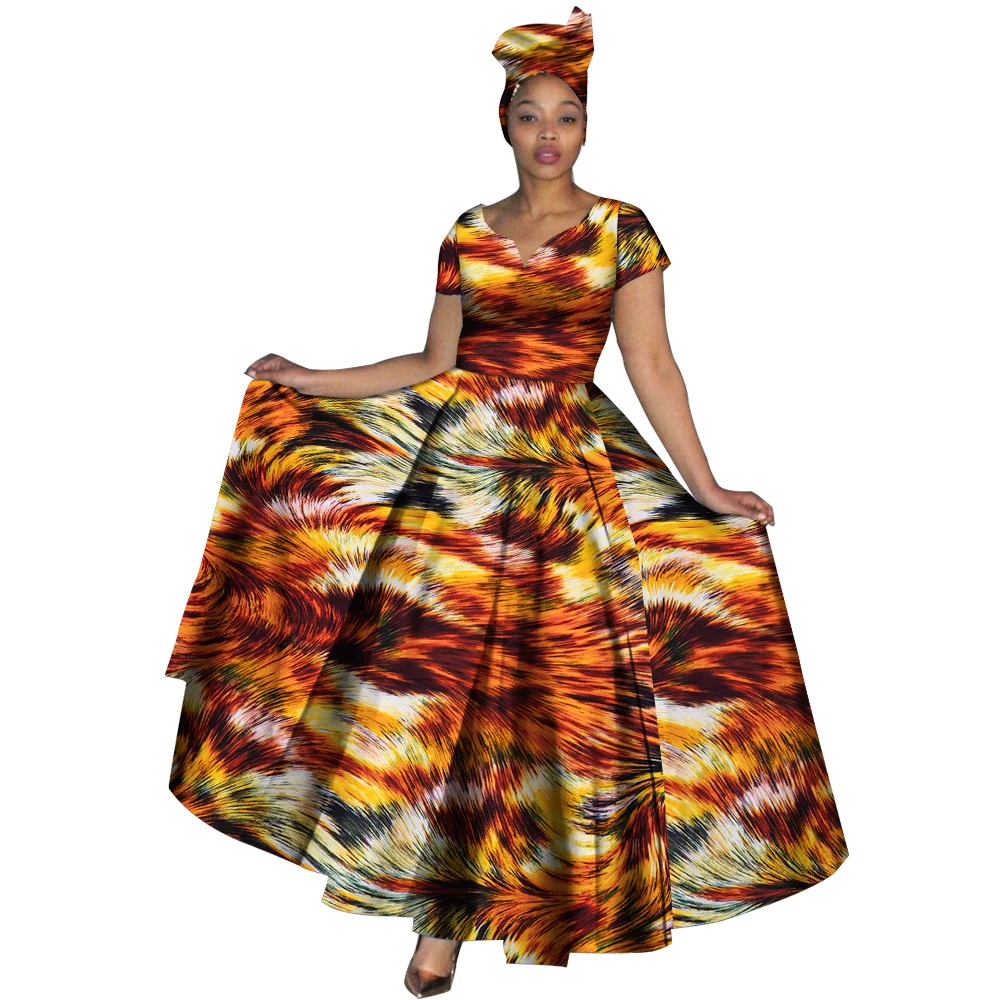 Fashion Women Clothes African Dresses Ankara Print V-neck Maix Long Dresses with Head Scarf Dashiki Women Outfit WY749