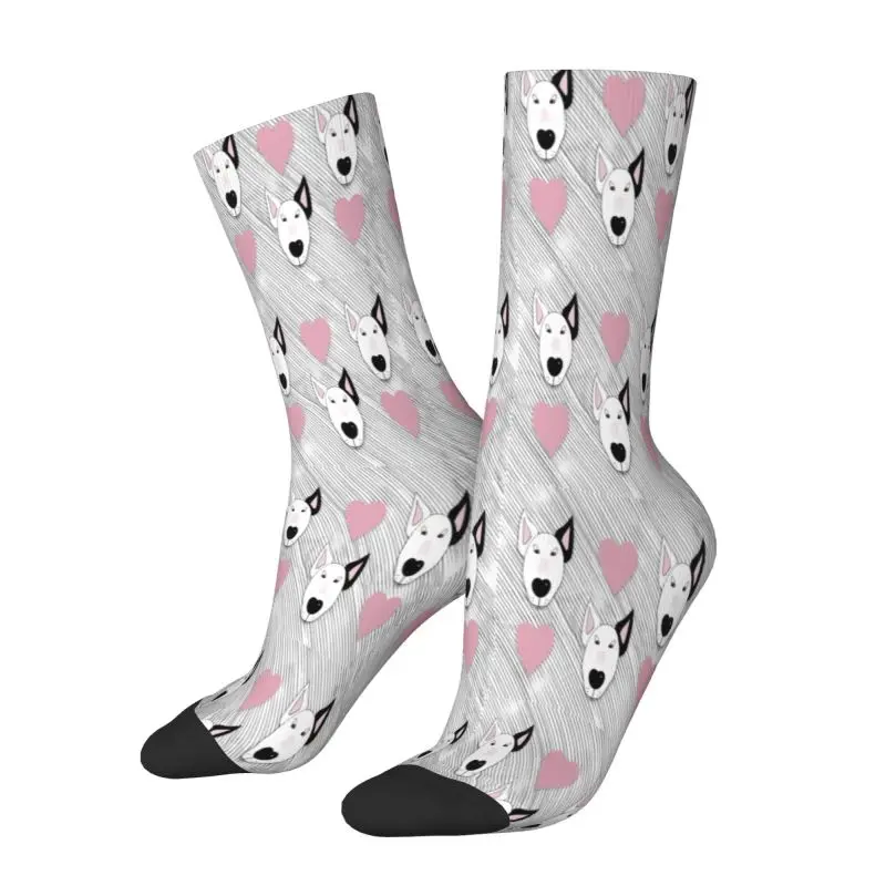 Novelty Printing Bull Terrier Dog Hearts Stripes Pattern Socks for Women Men Stretch Summer Autumn Winter Animal Crew Socks