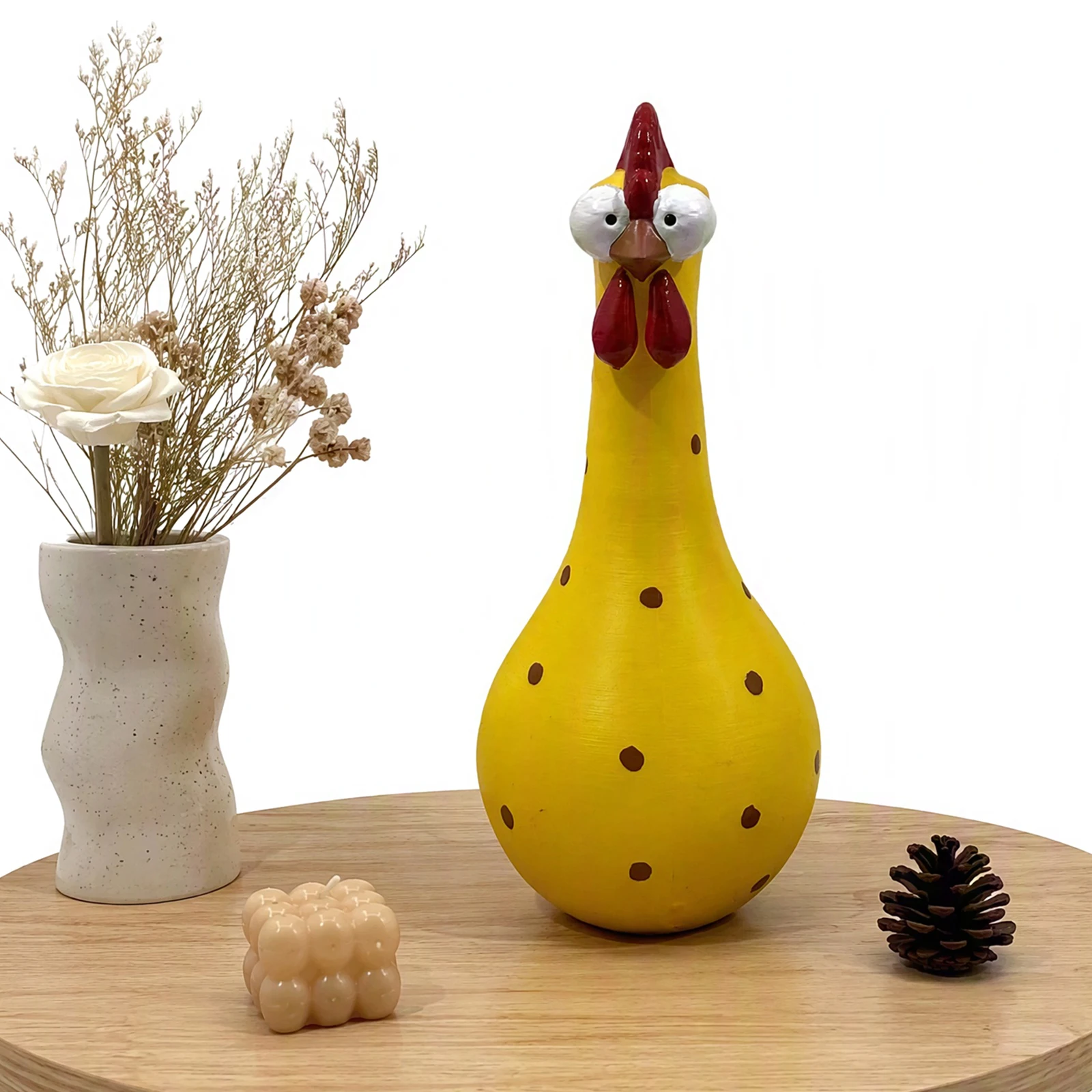 Resin Rooster Sculpture Ornament with Colorful Polka Dots Long Neck Chicken Vase for Home Desktop Display Florals Arrangement