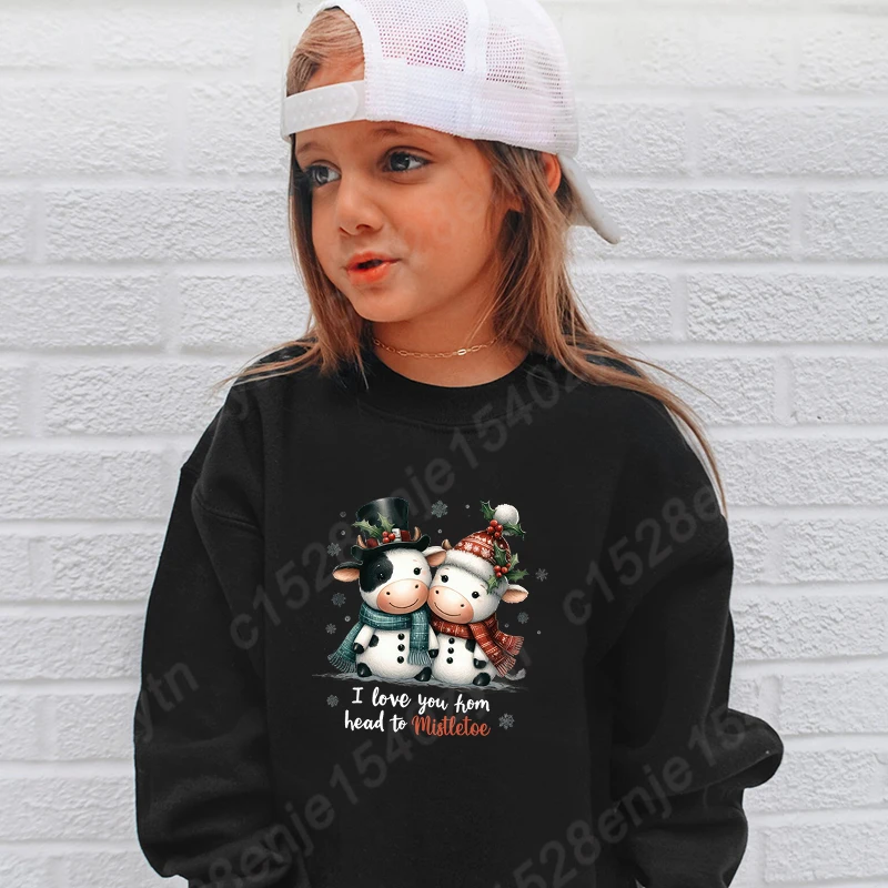 Christmas Cow I Love You Hom Head To Mistletoe Print O Neck Sweatshirts Children Casual Hoodless Pullovers Pure Color Sweatshirt