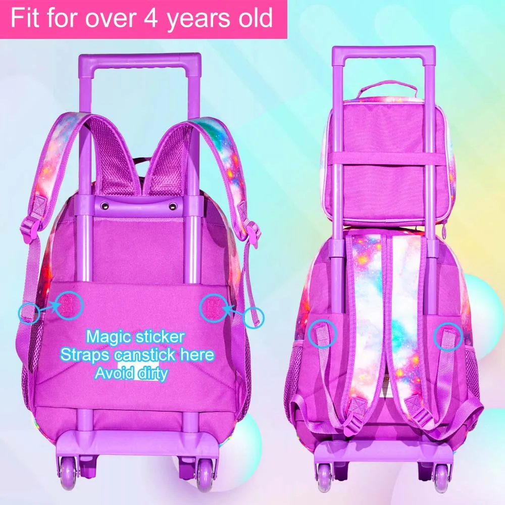 3PCS Rolling Backpack for Girls Kids Roller Wheels Bookbag with Lunch Bag Sleeping Unicorn Pattern Design Glow-in-the-dark Funct