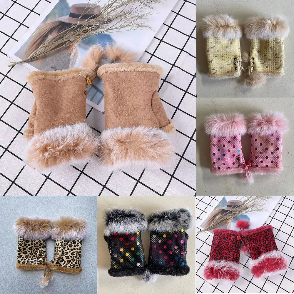 

Leopard Dot Printed Half Finger Gloves Windproof Stretch Gloves Faux Rabbit Fur Gloves Suede Leather Plush Fingerless Mittens