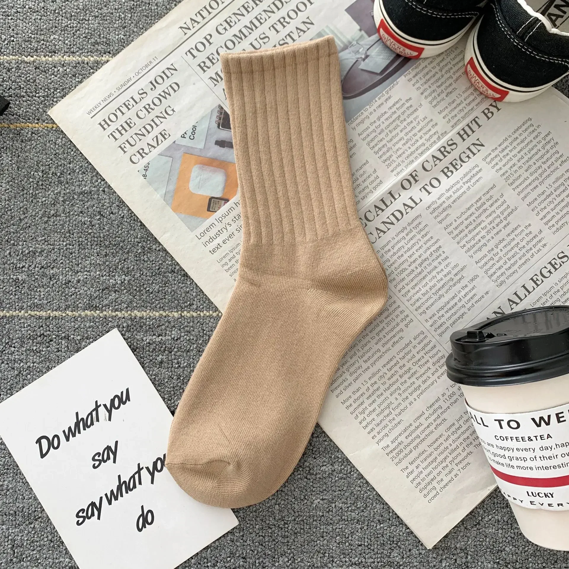 Korean Fashion Women Classic Solid Color Striped Cotton Loose Socks Japanese Style Simple Basic Socks Lady All Match Brown Sock