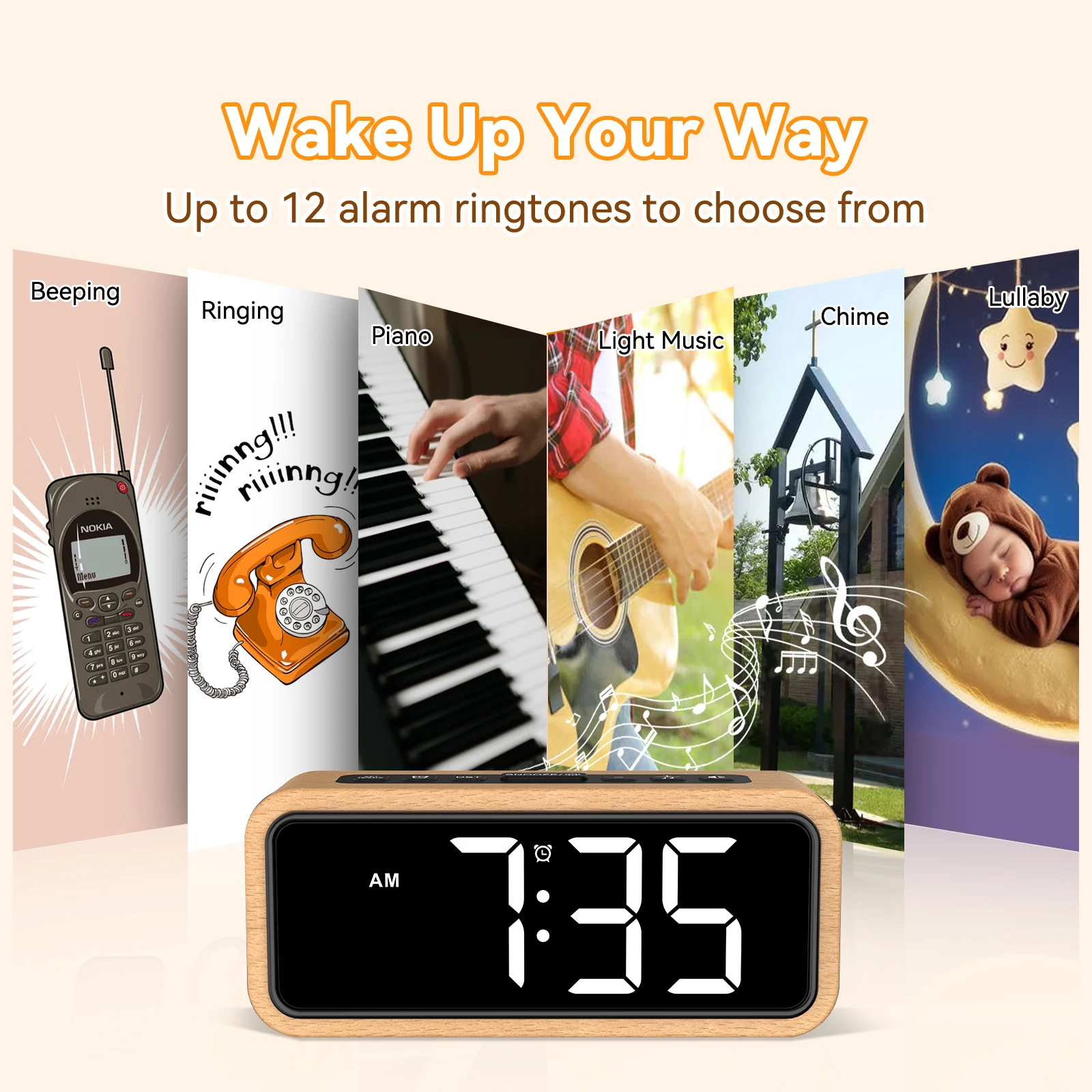 This 1-Piece Multi-Functional Solid Wood Alarm Clock Features 12 Alarm Sounds, a Snooze Mode (5-Minute Nap), Five Brightness Lev