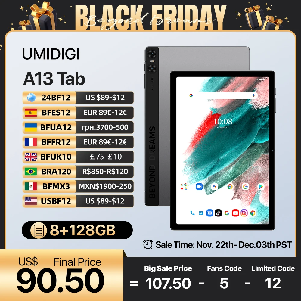 UMIDIGI A13 Tab أندرويد 13 تابلت 8 + 8 جيجابايت رام 128 جيجابايت روم 10.5 بوصة FHD + عرض 7500 مللي أمبير بطارية ميجا 13 ميجابكسل + 8 ميجابكسل كاميرا 18 وات شحن سريع