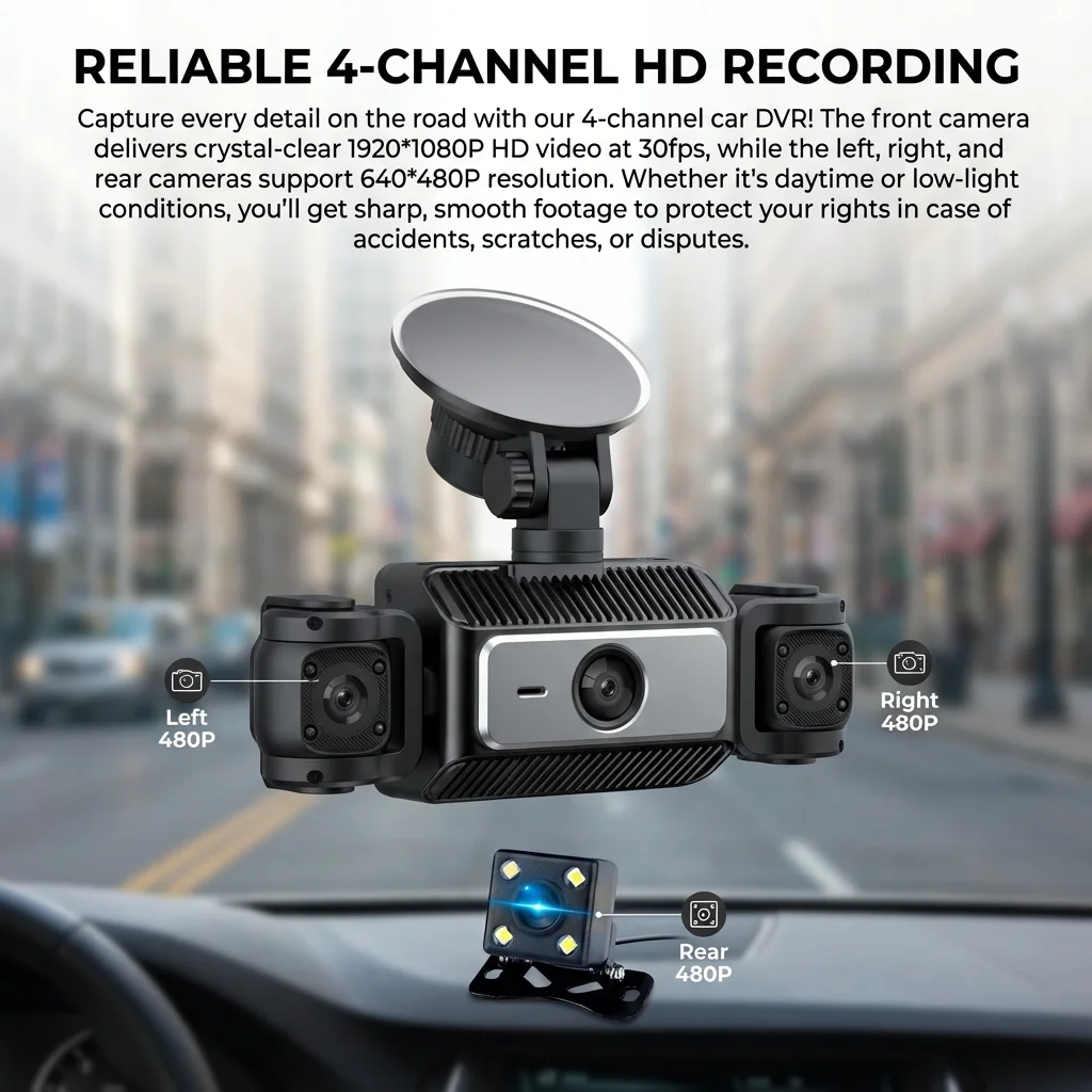 4 Channel Dash Cam Front 1080P HD Car DVR with Rear Inside Left and Right Motion Detection  Recording Night Vision Black Box