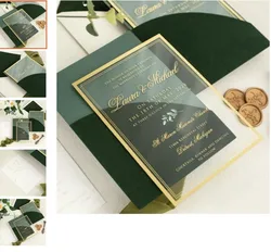 10pcs Lucite Luxury Dark Green Invitation Card Favor Wedding Decoration Invitations with Envelop Birthday Anniversary Invitation