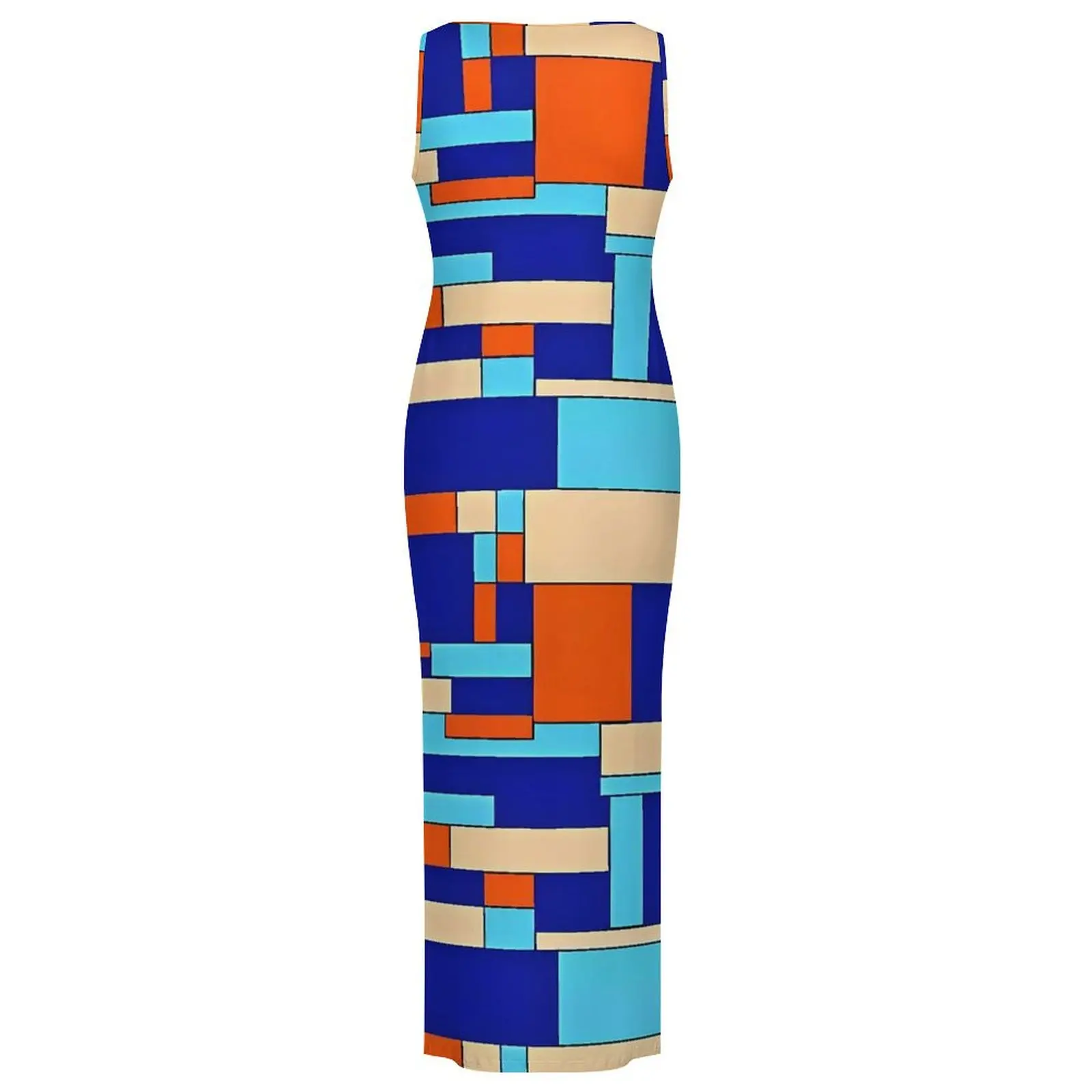 Women Bodycon Dress Vintage Contrast Color Maxi Dresses Summer Blue Cream and Orange Sleeveless Korean Fashion Design Dress