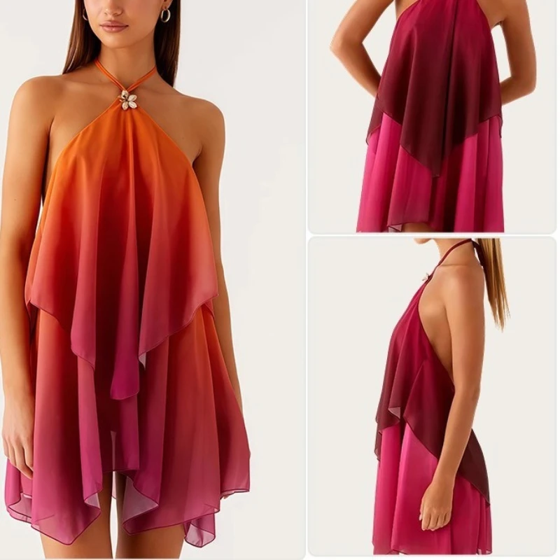Temperament Hanging Neck Dress for Women  Autumn New Style Personalized Mesh Gradually Changing Color Hanging Neck Loose Dress