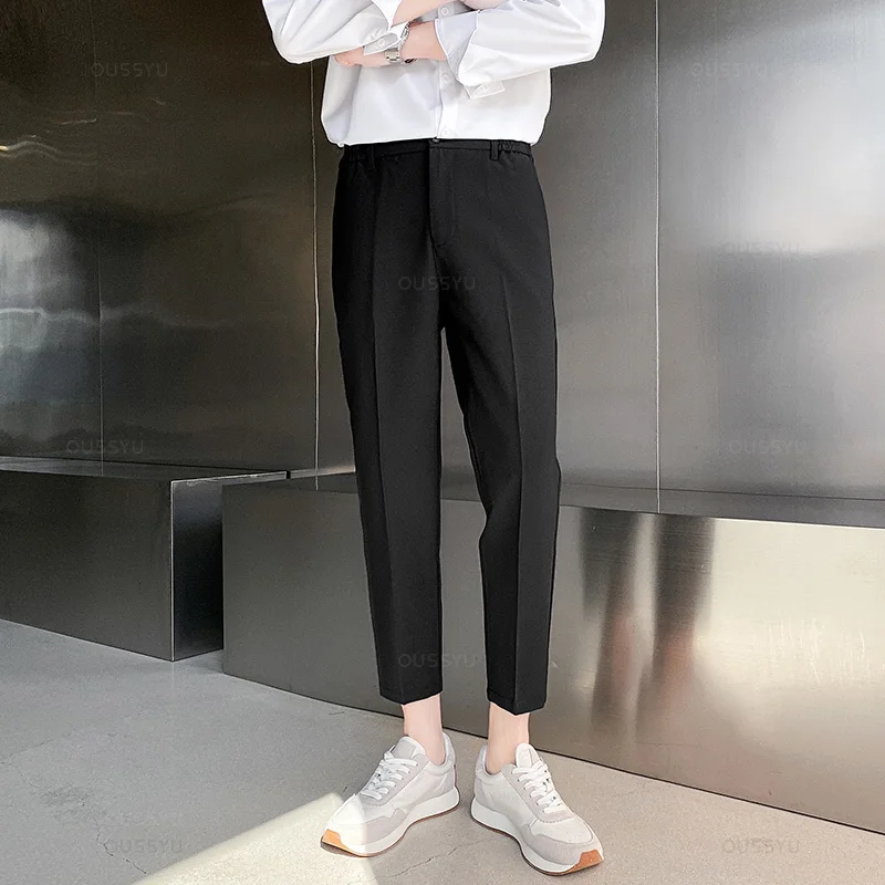 Spring Summer Suit Pants Men Stretch Business Elastic Waist Slim Ankle Length Pant Korean Trousers Male Large Size 40 42