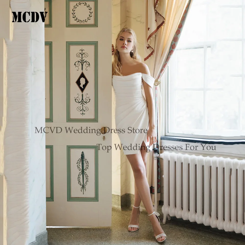 

MCDV Mini Short Evening Gown Dress Off Shoulder Pleat Sheath Bride Dress Customized Party Bridal Gowns Robe De Mariée Above Knee