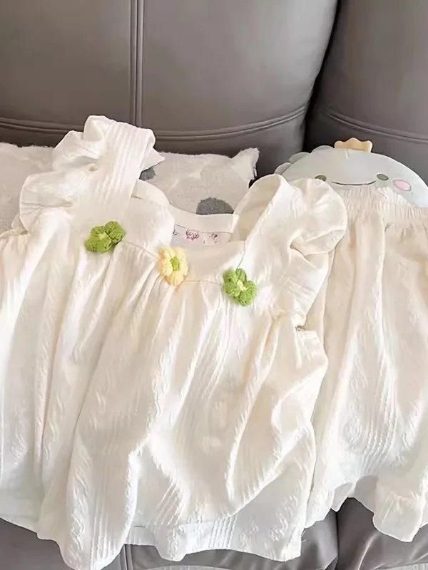 Conjunto de talla grande Sweet Girl Summer New Sle Strap orts, ropa para el hogar, puede desgastar pantalones largos de fibra de poliéster, ort Sve roun...