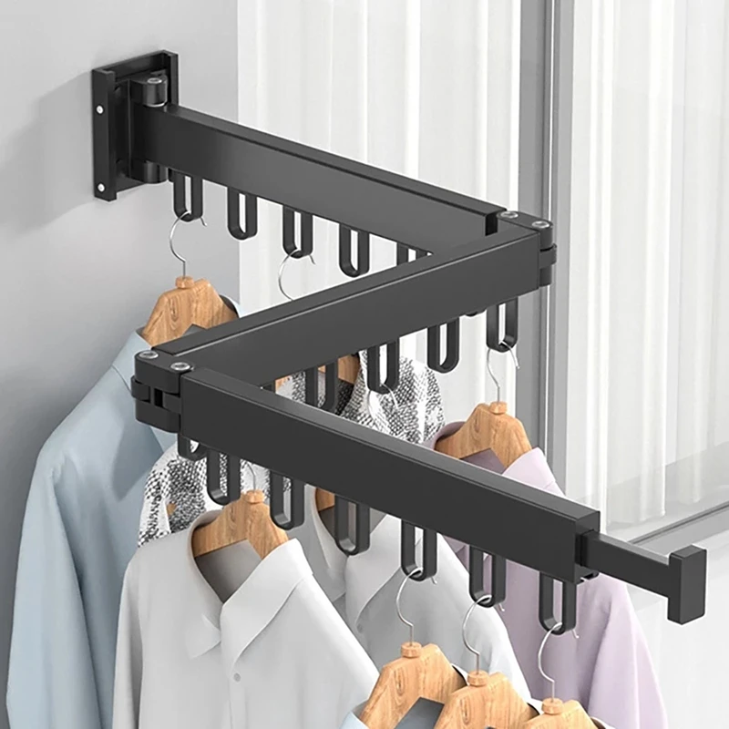 Folding Clothes Hanger Wall Mount Retractable Cloth Drying Rack Aluminum Laundry Clothesline Space Saving Drying