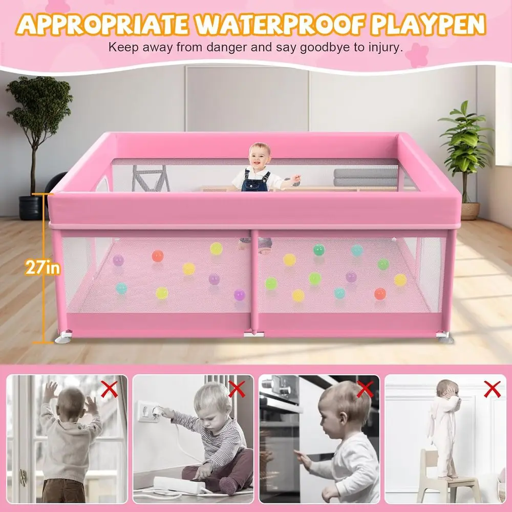 روضة أطفال شبكية قابلة للتنفس باللون الوردي مع حصيرة، ساحة لعب كبيرة آمنة للرضع والأطفال الصغار، تتضمن مقبضين وحقيبة حمل #6