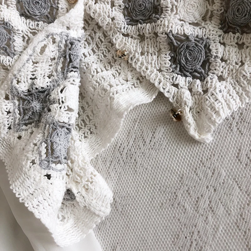 Top all'uncinetto con maniche in chiffon Ricamo a rombi Collo quadrato Camicetta finta in due pezzi Primavera Estate Fairycore Cottagecore