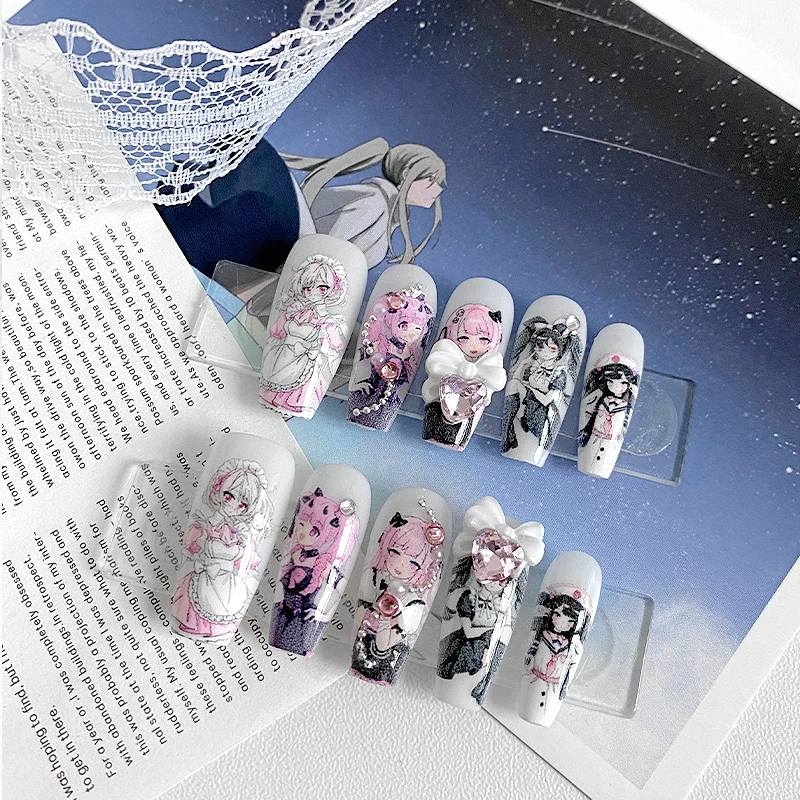 10PCS Handmade Coffin Shaped Nails, Beautiful Fake Nails, Cute Anime Maid Nail Art, Loli Pattern, Suitable for Women to Use