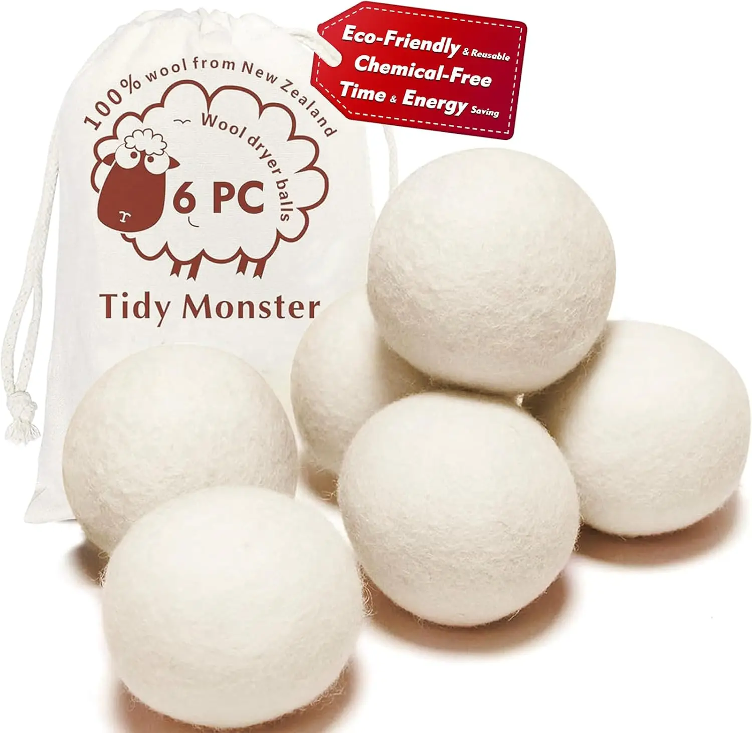 

XL Wool Dryer Balls 6-Pack: Chemical-Free Fabric Softener, Reduces Static & Drying Time, Reusable