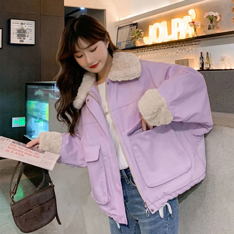 

Korean Fashion Warm Lambwool Jackets Women 2024 Thicken Plus Velvet Winter Outwear Casual Fleece Lined Oversized Coat