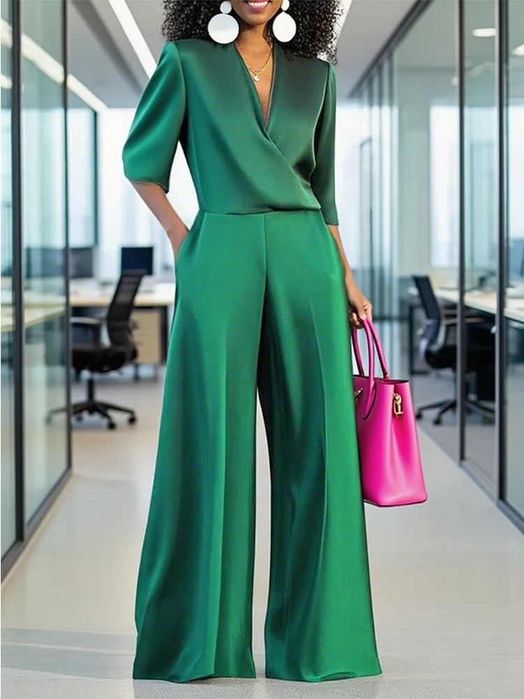 Beautyblue 2025ฤดูใบไม้ร่วงผู้หญิงElegant Jumpsuit Luxury Casual Jumpsuitใหม่หลวมVคอกระเป๋าแฟชั่นสีเขียวOneชิ้นชุด