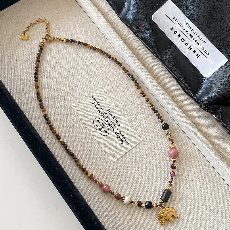Minar Stylish Multicolor Natural Stone Tigereyes Black Agate Elephant Pendant Necklace for Women 18K Gold Titanium Steel Chokers