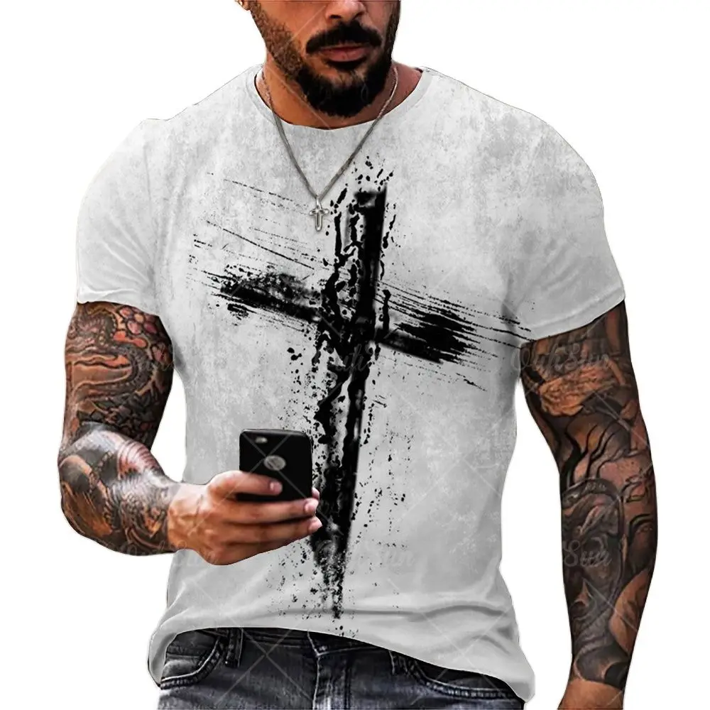 T-shirts For Men Cross Graphic Jesus Christ 3d Print Men\'s Tshirt Retro Classic Short-sleeved Loose Personality Oversized Tops