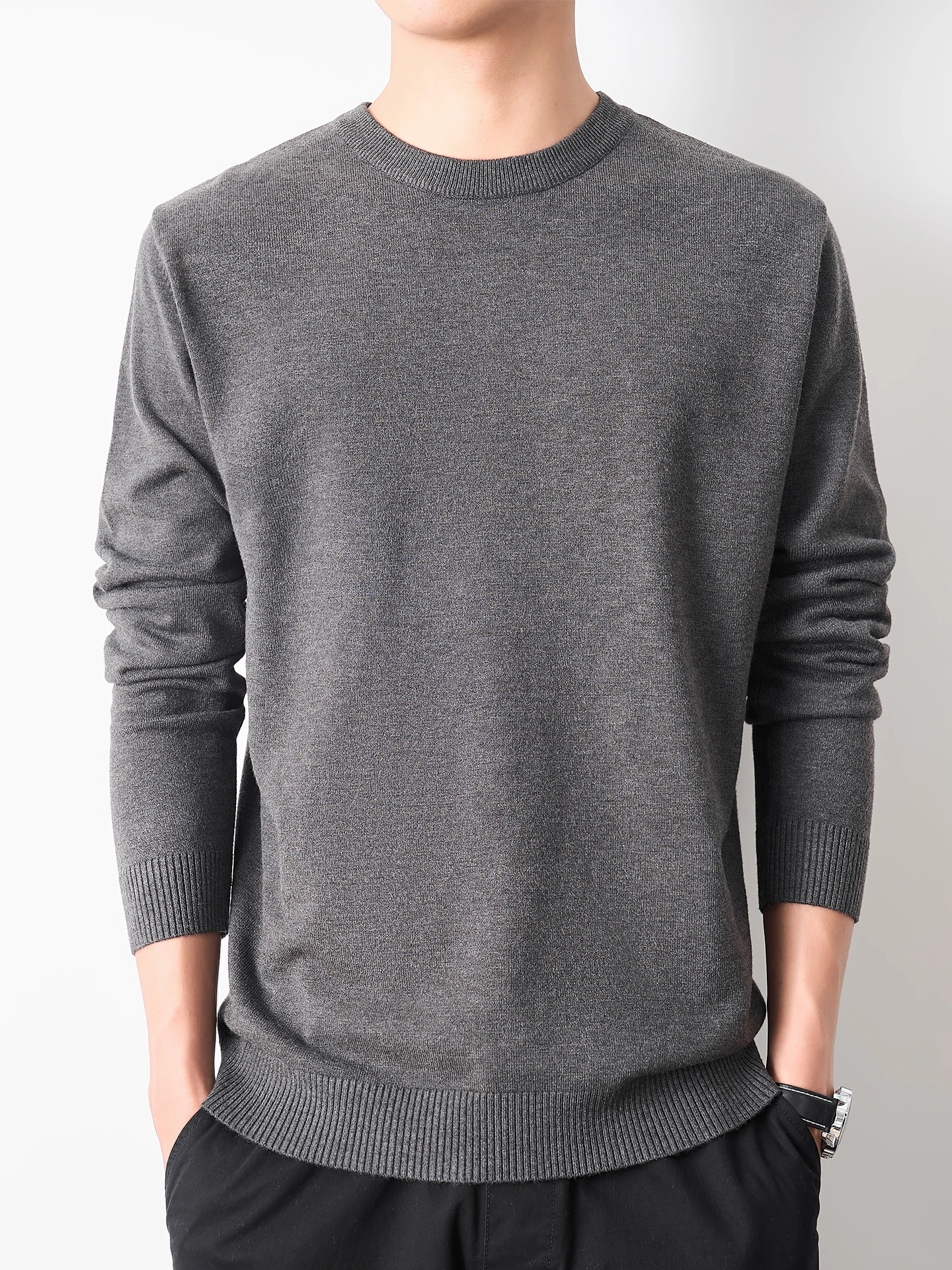 

ay Fce-Lined Long Sve round Ne Knitwear Men's Autumn Warm Base Layer irt Korean Sle Inner Wear T-irt