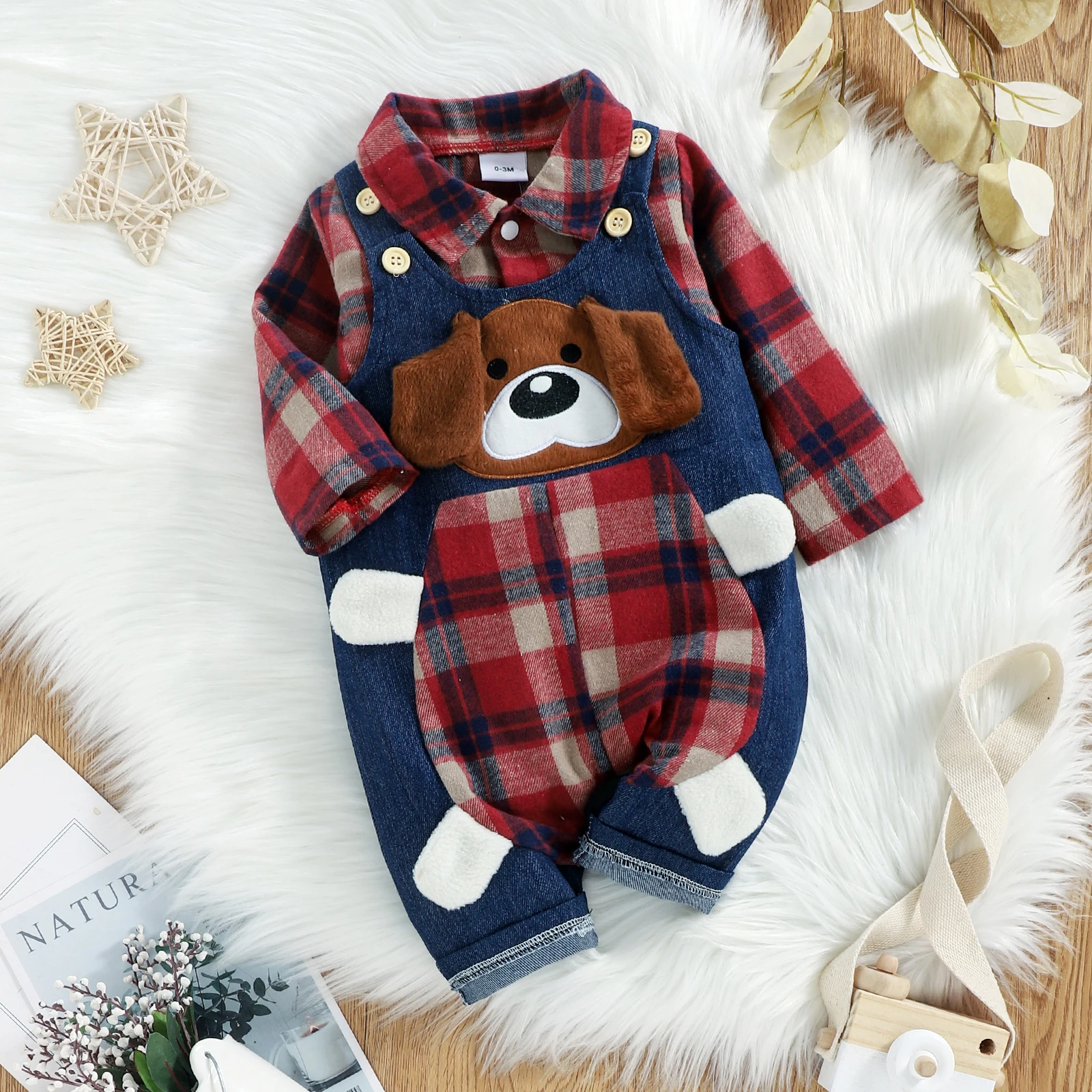 PatPat Christmas 2pcs Baby Red Plaid Long-sleeve Shirt Romper and 100% Cotton Denim Overalls Set