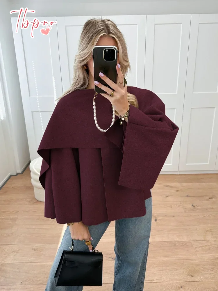 New Women\'s Burgundy Red Fashion Scarf Collar Coat 2024 Elegant Loose Long Sleeves Wool Blend Jacket Female Chic Fall Streetwear