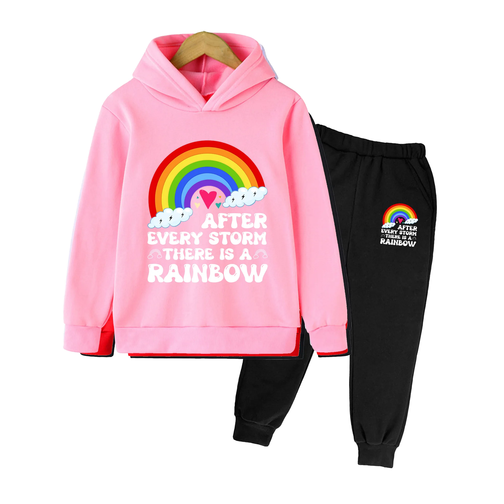 Kids Rainbow Print Hoodie & Sweatpants Set, Unisex Long Sleeve Sportswear for Daily Wear & Outdoor Activities
