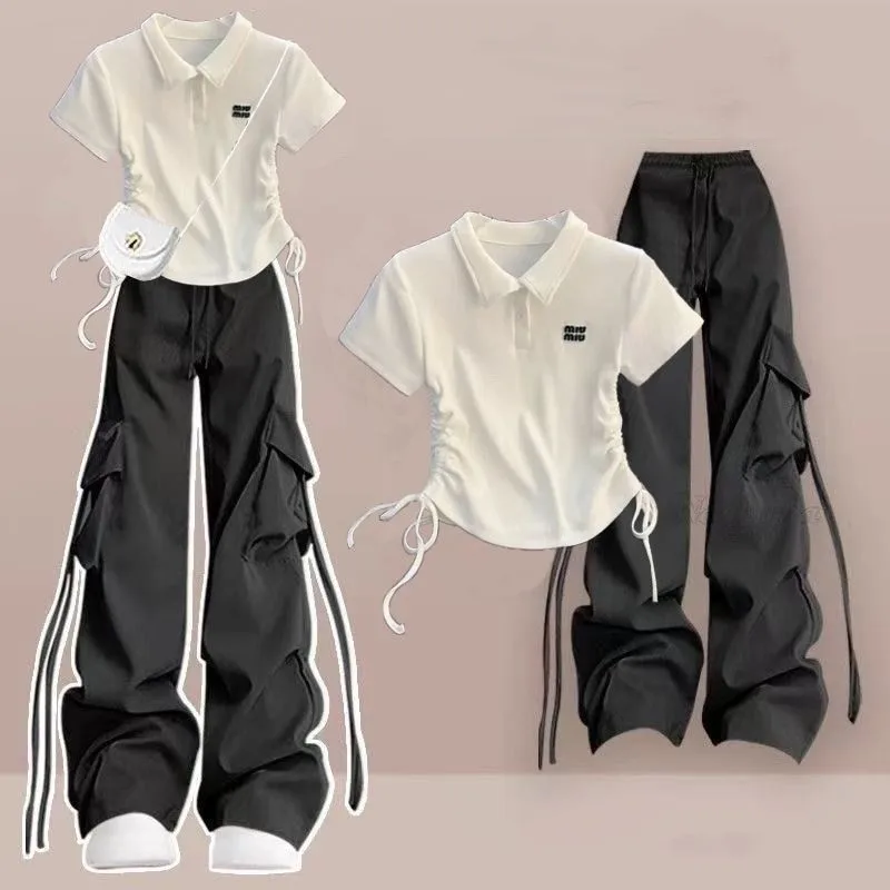 

Girl's 2025 Summer New Casual Tracksuitr Matching Set Korean Elegant POLO Short-sleeve Shirt Top+Cargo Pants Two Piece Suit