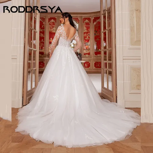 Imagen 2 del producto RODDRSYA-vestidos de novia de tul, corte en A, manga larga desmontable, espalda en V, apliques, vestidos de novia, vestido de novia personalizado