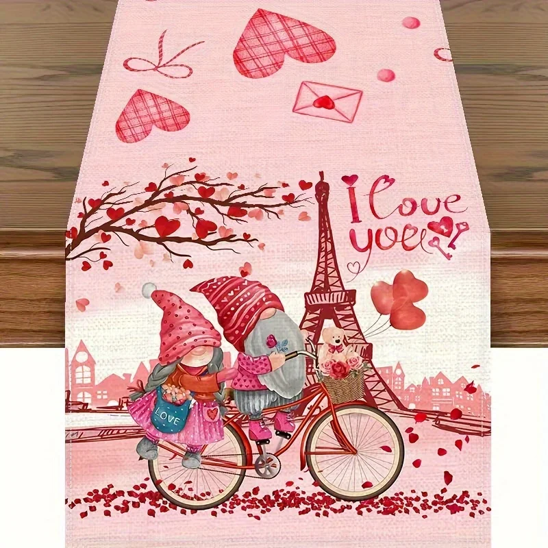 Happy Valentines Gnome Love Heart Linen Table Runner Wedding Party Decor Romantic Eiffel Tower Theme Table Runners Table Decor