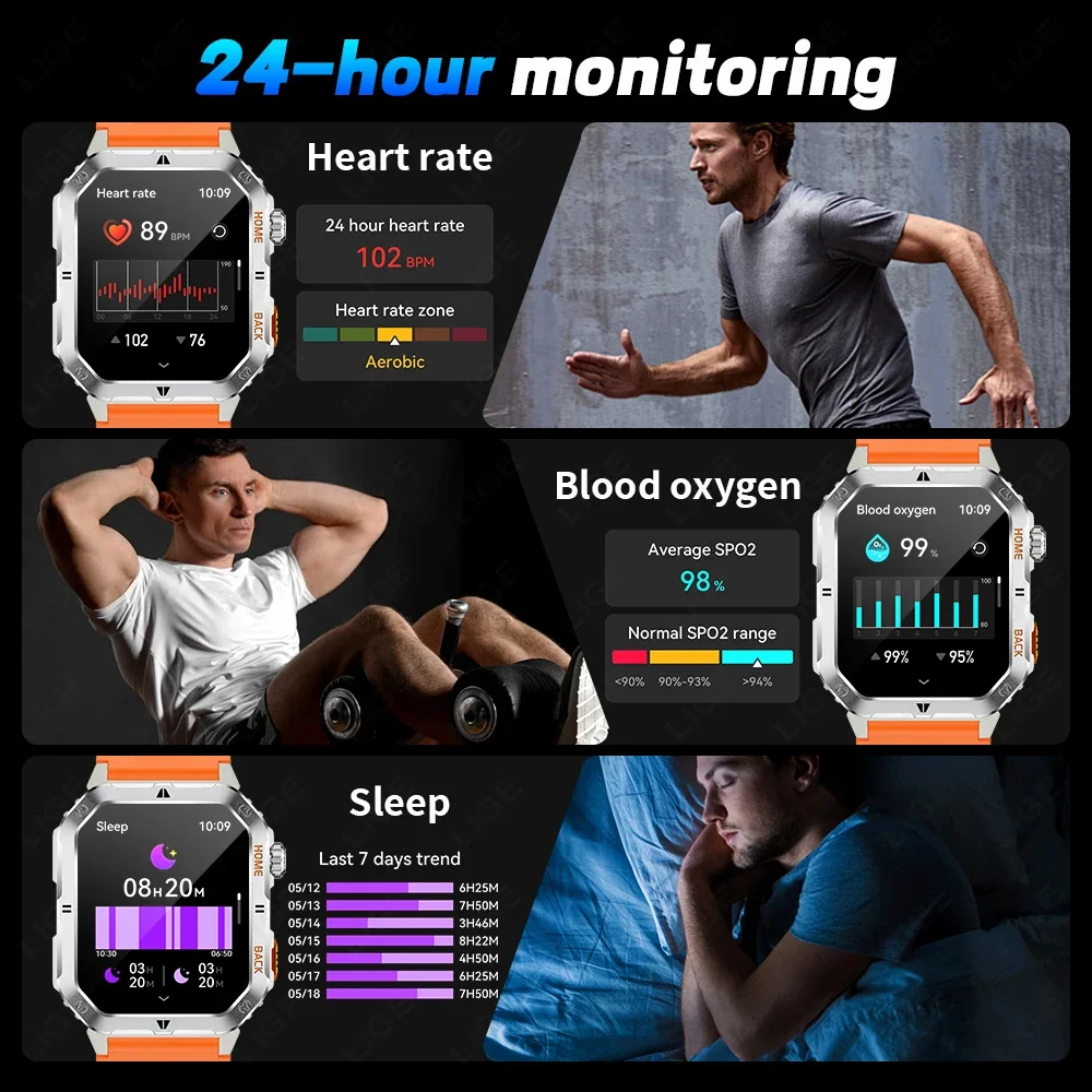 Military Smart Watch Men 1000mAh Large Battery LED Flashlight Watch 2.01-inch HD Screen Heart Rate Waterproof BT Call Smartwatch