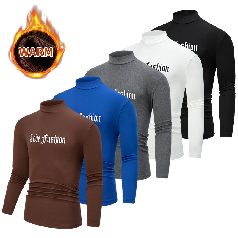 Men's Long Sleeved Top for Autumn and Winter Fashion Semi High Collar with Letter Print, Comfortable and Warm Stand up Collar To