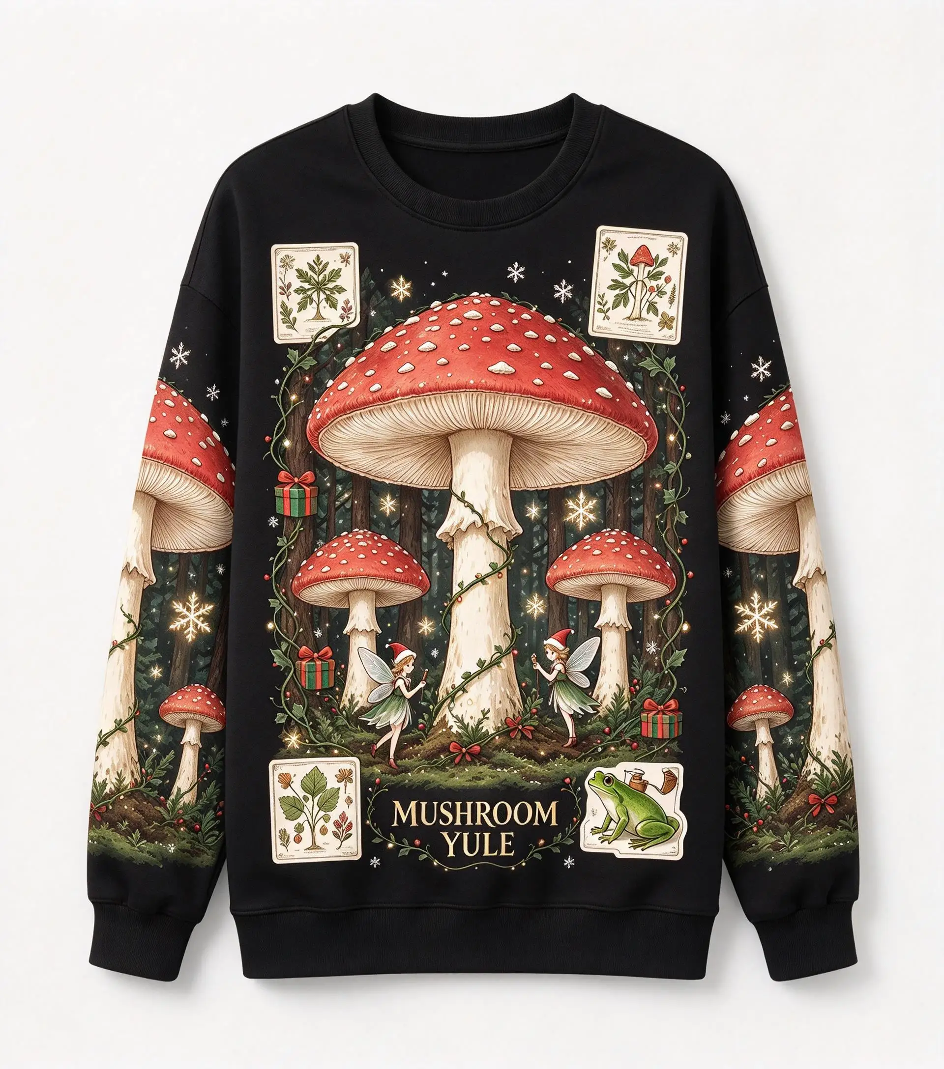Men Crewneck Sweatshirt, Mushroom Yule Forest Elf Frog Red Print Polyester Casual Pullover