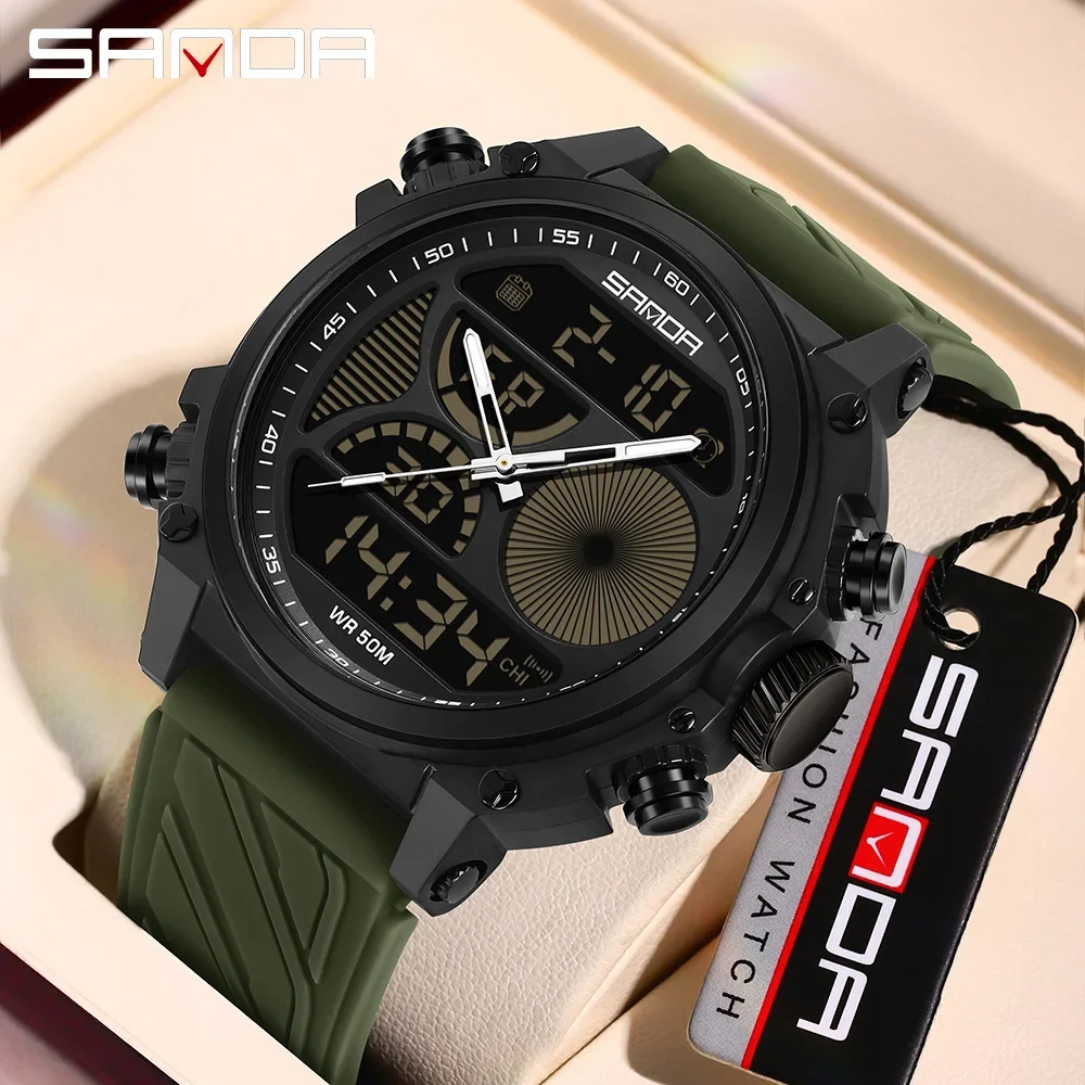 SANDA 6236 Fashion Men's Sports Electronic Watch Large Dial Dual Screen Multi functional Waterproof Men's Electronic Watch