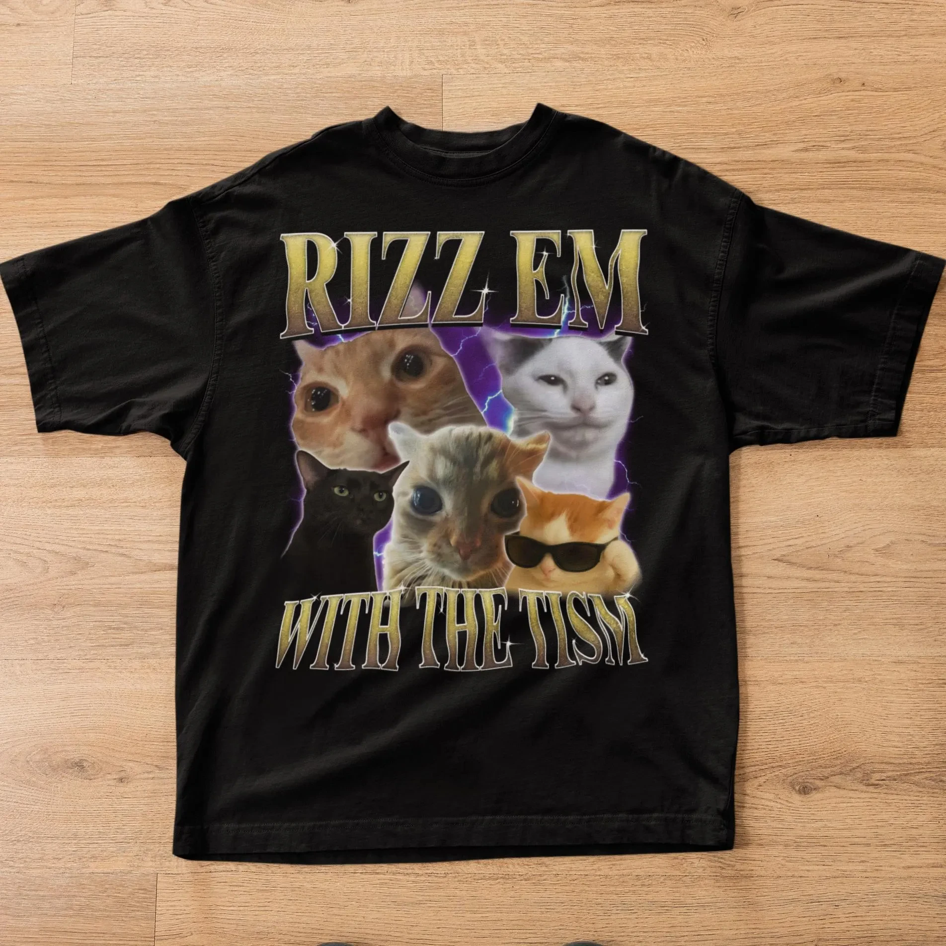 

Rizz Em with The Tism Vintage Graphic Tee Retro 90s Funny Cat Meme Shirt Weird Silly Cats Ironic Bootleg T-shirt Men Clothing