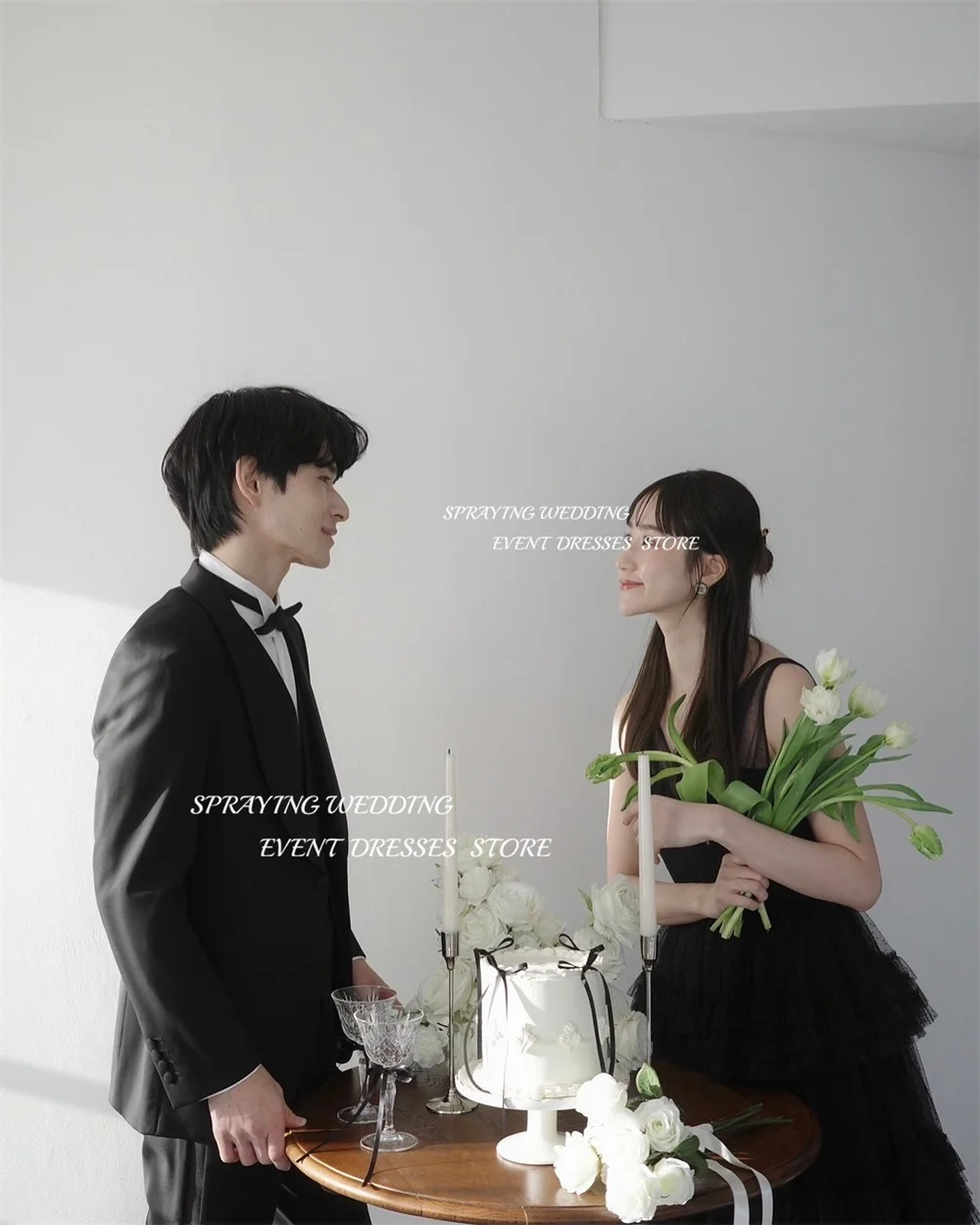 SPRYSKOWANIE Tiulowa suknia wieczorowa z dekoltem w kształcie litery V Czarny pasek Koreańska suknia ślubna do sesji zdjęciowej Luksusowy gorset o długości do podłogi Dostosowany